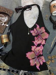 Top halter elegante y retro con bordados y lentejuelas para mujeres, perfecto para el verano.Estilo Y2K, diseño resistente, adecuado para uso diario, festivales de música, fiestas y vacaciones en la playa. - Multicolor - Ver 4