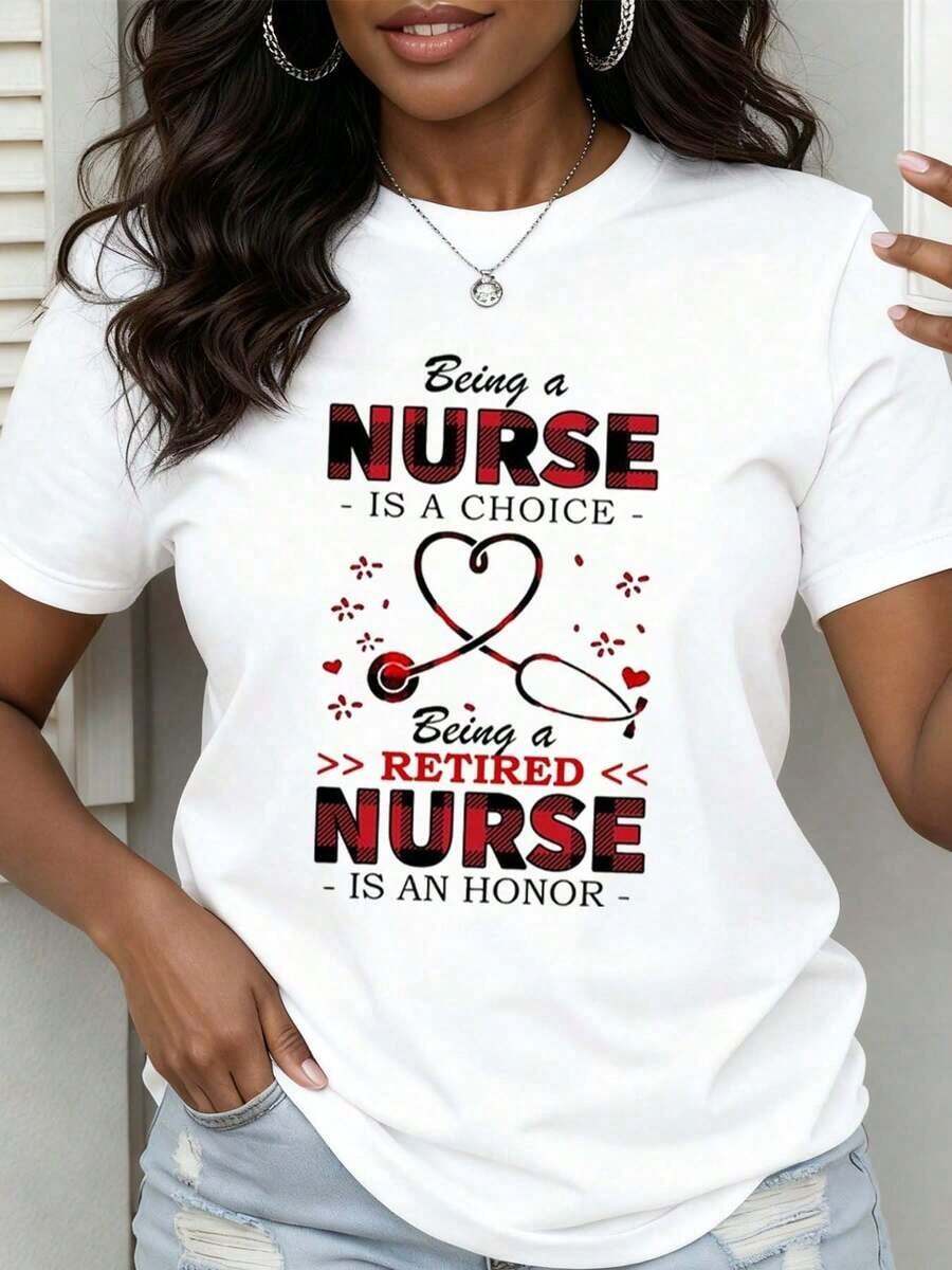 Women's Vintage-Style Crew Neck T-Shirt With A Nurse Retirement Design, Printed With Text And A Stethoscope And Heart Pattern. Soft, Comfortable, And Breathable Fabric, Versatile For All Seasons. Practical And Stylish Casual Wear For Women, With A Soft Texture Suitable For Everyday Wear, Leisure, Sports, Vacations, And As An Essential Casual Outfit. - 白色 - 查看 1