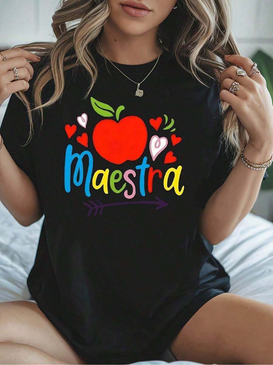 Soft 100%cottonSoft 100%cottonT-shirtCamiseta Maestra de Maestra Española para Mujer - Estampado de Manzana y Bandera Española con Corazones e Iconos, Cómoda Camiseta Informal de Manga Corta con Cuello Redondo para Educadoras, Ropa Informal Primavera Verano, Lavable a MáquinaBreathable Cotton Tee, All Matchcoolcool - Negro - Ver 1