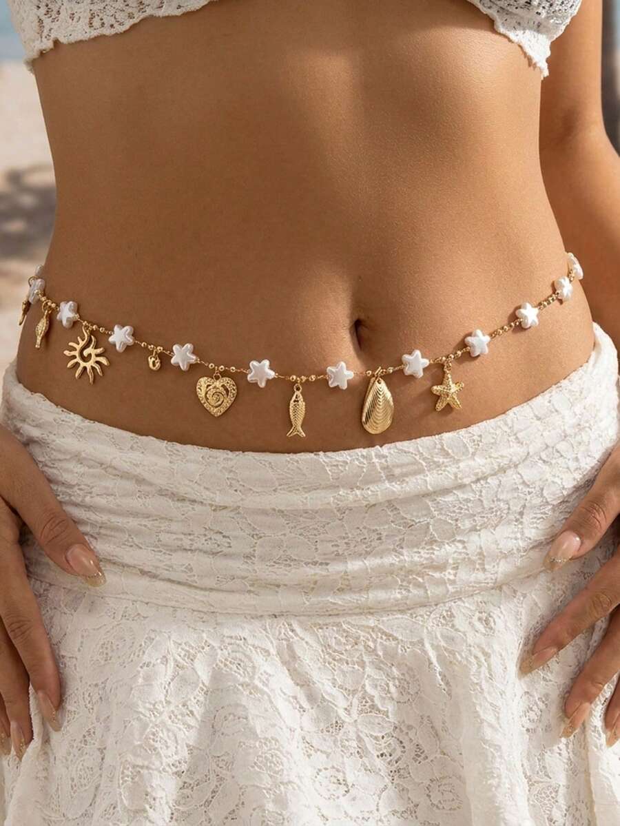 1 pieza Cadena de cintura con decoración de perla, estrella de mar y pez, estilo de vacaciones de verano, adecuada para vacaciones en la playa, citas, uso en fiestas, regalo para novia, madre, amigas - Dorado - Ver 1