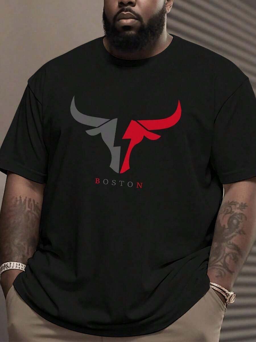Fenqiro Camiseta de manga corta con cuello redondo y gráfico de cabeza de toro, para hombre de talla grande, de verano - Negro - Ver 1