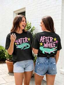 This Casual Short-Sleeved Crew Neck T-Shirt Features A Popular Crocodile Print, A Crocodile Tattoo, And A Slogan, Making It Perfect For Spring And Summer. Women's T-Shirt - Cool Summer Wear - 黑色 - 查看 7
