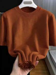 Men's Casual Versatile Solid Color Short Sleeve Knit Top, Suitable For Daily Wear And Commuting - Burnt Orange - View 2