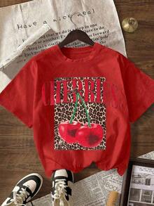 NewSummerCasualCamiseta Casual de Manga Corta con Cuello Redondo y Estampado de Leopardo y Cerezas para Mujer, Ideal para el Verano y el Ocio Diario.-Vintage Street Style Unisex Loose Cotton Short Sleeve Crew Neck T-Shirt - Rojo - Ver 6
