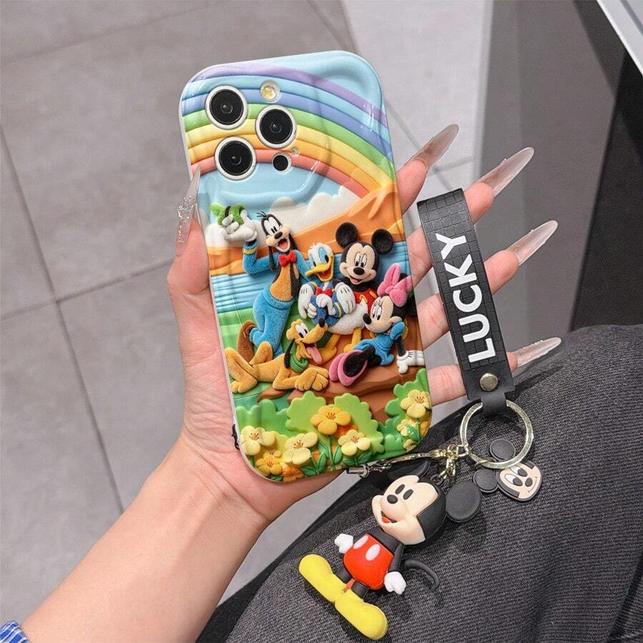 Disney Mickey Mouse Clubhouse Phone Case : 3D Fluffy Pattern Border Protector Phone Soft Phone Case With A Free Cute Mickey Bracelet Chain Lanyard, Mickey, Minnie, Goofy, Donald Duck, Daisy Duck, Pluto, For Apple 17 Promax 17 Pro 16 15 14 13 12 11 Pro Max XS Max X XR Soft Cover Summer Phone Case - trắng - Xem 1