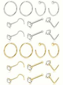10pcs/Set Assorted Style Nose Rings, Shiny Fashion Nose Piercing Jewelry For Men & Women, L-Shaped, Screw, And Hoop Designs, Low Allergy Stainless Steel Nose Accessories, Suitable For Daily And Holiday Wear - Nose Ornament - View 1