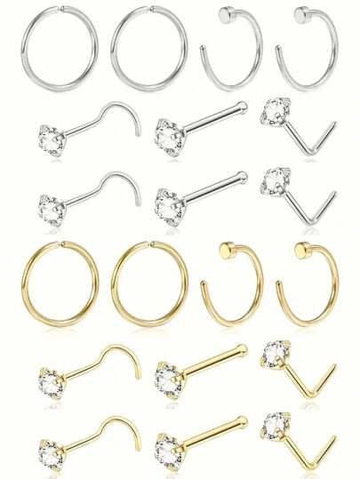 Set de 10 piezas de anillos para la nariz de estilos surtidos, joyas de moda para perforación nasal para hombres y mujeres, diseños en forma de L, tornillo y aro, de acero inoxidable hipoalergénico, aptos para uso diario y vacaciones