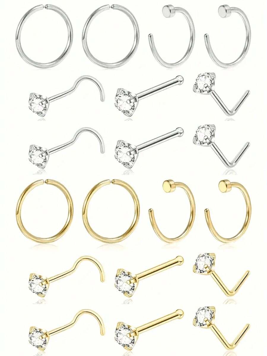 10pcs/Set Assorted Style Nose Rings, Shiny Fashion Nose Piercing Jewelry For Men & Women, L-Shaped, Screw, And Hoop Designs, Low Allergy Stainless Steel Nose Accessories, Suitable For Daily And Holiday Wear - Nose Ornament - View 1