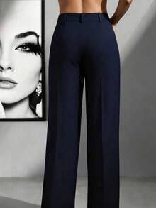 Plus Size Women Solid Color Lapel Loose Casual Pants, Suitable For Spring And Autumn - Navy Blue - View 2