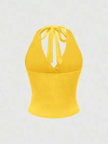 Punk Parte superior con estampado de leopardo y cuello de halter para mujer, escuela - Amarillo - Ver 2