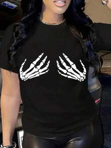 Camiseta de algodón con estampado casual de moda para mujer G44L - Negro - Ver 4