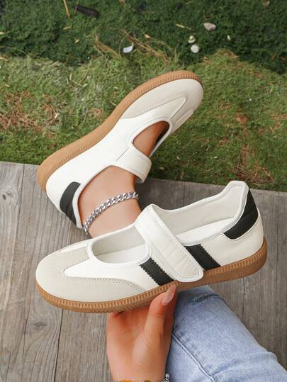 1 Pair Casual Sports Shoes, Striped Athletic PU Leather Hook And Loop Sneakers, Suitable For Beach, Vacation, Gym, Outdoor, All Seasons