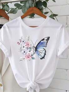 1 Pieza Moda Informal Para Hombres Y Mujer 1 pieza Mujeres Ropa Mariposa Flor Imprimir Blanco Camiseta Camisas, Blanco Superior, Gráfico Camisetas Mujeres, Unisexo Informal Tripulación Cuello Camiseta Ligero 220 g/m² Tejer Tela, Máquina Lavable Para Primavera/Verano/Otoño Día de San Valentín Día, Día de la Madre Día, Pascua versátil, fácil de combinar, adecuada para el uso diario, estilo urbano, conjuntos de vacaciones, conjuntos de fin de semana. - Blanco - Ver 1