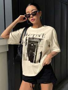 Camiseta oversize con gráfico de letras y hombros caídosPure-Cotton - Albaricoque - Ver 4