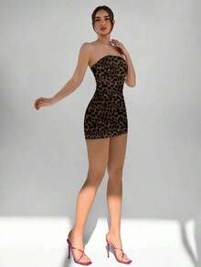 Vestido casual, elegante y sexy de estampado abstracto marrón café, tipo bandeau y ajustado, apropiado para el verano, vacaciones y fiestas - Multicolor - Ver 3