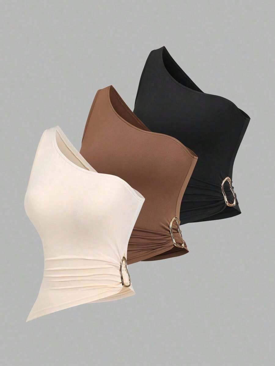 Conjunto de blusa con cuello asimétrico, un solo hombro y decoración de hebilla metálica, adecuado para vacaciones en la playa - Multicolor 4 - Ver 1