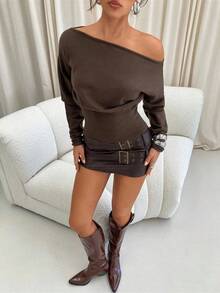 Suéter morado de manga larga, cuello asimétrico y hombros descubiertos, de punto ajustado para mujer, para otoño/invierno - Marrón - Ver 5