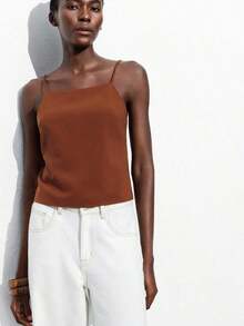 Blusa sin mangas con lazo ajustable, elegante para fiesta, oficina, viajes, casual, romántica, adecuada para invitados de boda, anfitriones, citas, fiestas, conciertos, desayunos, aeropuerto, vacaciones de verano - Marrón - Ver 2