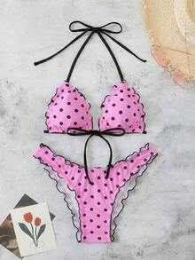 Conjunto de bikini de dos piezas con estampado de lunares, camiseta con lazo sexy y traje de baño para vacaciones en la playa para mujer - Rosa 3 - Ver 3