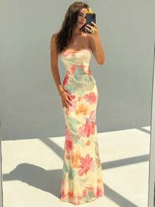 Vestido con estampado floral elegante y espalda descubierta para mujer - Rosa 2 - Ver 6