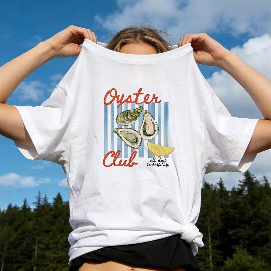Women's Summer Clothing, Soft And Casual Cotton T-Shirt With Round Neck, Printed With A Lemon Slice And Oyster Design In Watercolor Texture, Oyster Club Font. White. - 白色 - 查看 1
