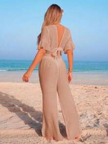 Conjunto de vacaciones de verano para mujer con top corto de manga corta con volantes y escote en V sin espalda, pantalón de pierna ancha y cubrecuerpo - Caqui - Ver 2