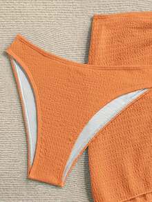 Conjunto de 3 piezas bikini bandeau con textura y adorno de estrella de mar para mujer, perfecto para el verano - Naranja - Ver 4