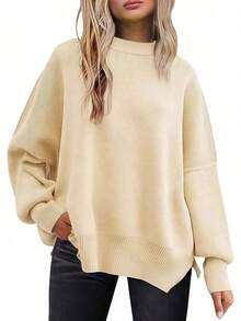 Women's Ribbed Knit Sweater With Long Sleeves And Crew Neck - Winter - Apricot - View 6