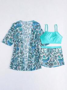 Conjunto de playa de 3 piezas para mujer: top de bikini corto negro, kimono de malla y shorts - Multicolor 4 - Ver 5