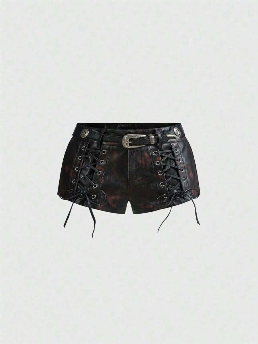 Pantalones cortos de tiro bajo con estampado animal de piel sintética de parche de estilo hippie vintage "Millennium Babe" para mujeres - Negro - Ver 1