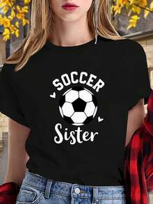 Sister Heart & Design Women's Soccer Jersey - Black With White Soccer Print, Casual Crew Neck And Short Sleeves For Soccer Fans, Sisters, Casual Wear And Events - Gift For Female Players - 黑色 - 查看 6