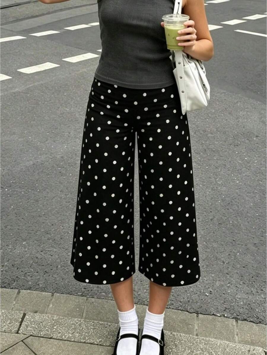 Capri Pants For Women Wide Leg Yoga Cropped Pants Loose Casual Summer Going Out Pant Street Style, Airport, Sports Fitness, Chic, Commuting, Beach Vacation, Music Festivals - Chấm bi đen - Xem 1