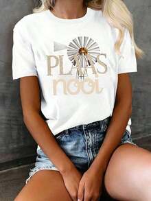 short-sleeve1 pieza de camiseta de manga corta para mujer con estampado gráfico, 100% algodón, suave y amigable con la piel, estilo casual sencillo, estampado de leopardo y diseño de molino de viento, camiseta cómoda de algodón puro para mujer - Ropa de verano para uso diario y viajes. Cuello Redondo. Camiseta estampada de mujer.100% Cotton - Blanco - Ver 6