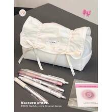 Soft Cute Cat Bow Pencil Case, Macaron Color Matching Ribbon Pleated Design, Large Capacity Fits Multiple Pens, Soft & Durable Material, Full Of Girly Charm, Suitable For Study & Storage - Cat - View 7