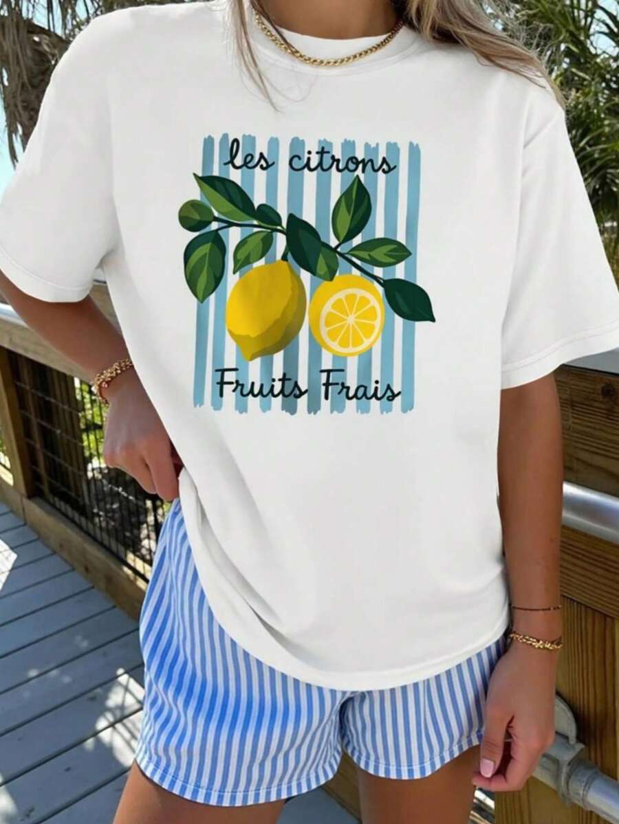 Women's 002 | Elegant Short-Sleeved Women's Top With A French-Style Lemon And Fresh Fruit Print, Round Neck, Suitable For Spring, Summer, And Autumn. Fashionable For Commuting, Vacations, And Everyday Wear, This Versatile Casual-Chic Vintage-Style Top Is Available In Sizes S-XXL. - 白色 - 查看 1