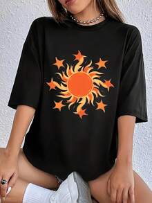 Camiseta de  con Estampado Gráfico - Manga Corta, Cuello Redondo, Diseño Casual con Sol Naranja Vibrante, Poliéster Ligero para Primavera y Verano, Ropa Casual de Primavera| Camiseta Casual Vibrante| Camiseta Y2k con Acabado Brillante - Blanco - Ver 10