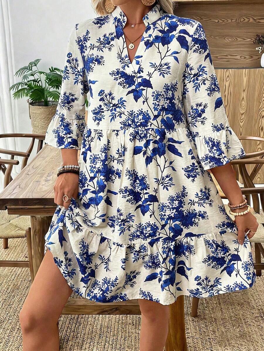 LUNE Women's Summer Dress With White Base And Blue Leaf Print, High Neck And 3/4 Skater Sleeve - 藍色 - 查看 1