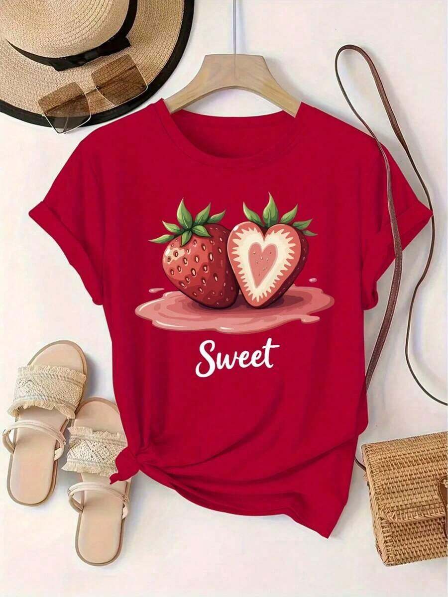 Gift Plus Size - Plus Size - Women's Short Sleeve Crew Neck T-Shirt With Strawberry Print, Casual Style For European And American Fashion, JerseySoft - [紅色的] - 查看 1