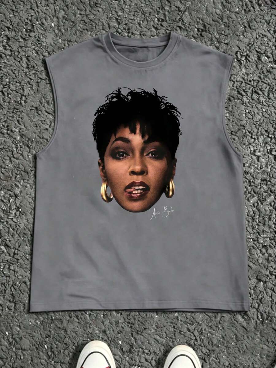 Vintage Anita Baker Big Head T-Shirt Unisex Retro R&B Graphic Tank Top Must-Have For 80s Music Fans Soft Comfy Top Perfect For Concerts Hangouts - 灰色 - 查看 1