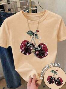 New Women's Short-Sleeved Crew Neck T-Shirt, Summer Design, With A Simple And Modern Letter Print, Breathable And Sweat-Wicking. Express Shipping From Local Warehouse, Couple's Style, Couple's Clothing, Women's Blouses, Women's T-Shirts, Casual Blouses For Ladies - 杏 - 查看 2