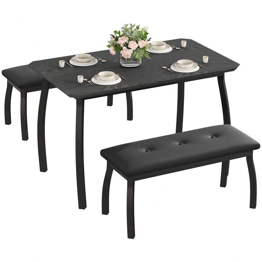 Dining Table With 2 Upholstered Benches - 3 Pcs Industrial Dining Table Set, Ideal For Dining Room, Kitchen, Studio, Restaurant - Black - View 1