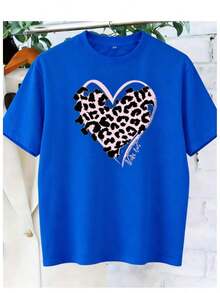 RegaloRegalo |   1 Playera para Mujer 100% Algodón Transpirable |   Camiseta Elegante de Verano para Mujer - Estampado de Leopardo Morado Vibrante con Diseño de Corazón, Cuello Redondo Casual, Manga Corta, Poliéster Ligero, Perfecta para Atuendos Casuales, Blusa con Estampado de Leopardo - Ideal para el VeranoSoftSoft - Azul - Ver 6