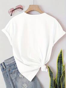 1 pieza de camiseta de manga corta con cuello redondo y estampado de moda para mujer, casual y cómoda, adecuada para uso diario, la fusión de estampado y cuello redondo cómodo, la elección perfecta para el verano. - Blanco - Ver 2