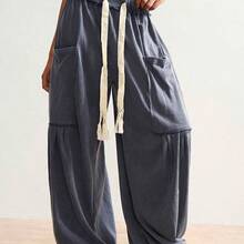 BohoFeels Plus Size Drawstring Waist Loose Pocket Wide Leg Pants - Morado - Ver 2