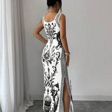 Elenzya Exquisite Printed Chinoiserie Waist-Cinching Slit Luxurious Retro Middle Eastern UAE Style Robe, Tight Fit, Multi-Color, Sleeveless, High-Quality Material Luxury Dresses For Women Best Selling Dresses Club Outfits For Women Dress Long Dresses For Women Bodycon Bodycon Dress Women - Multicolor - Ver 10