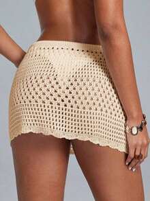 Swim Lushoire Falda pareo con dobladillo ondulado para la playa, con patrón geométrico perforado y floral - Albaricoque - Ver 2