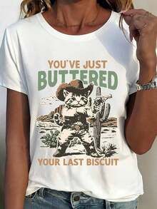 Camiseta de cuello redondo con estampado de vaquero gato blanco con cactus y pistola, texto 'Acabas de untar tu última galleta', temática western para uso casual,180g - Blanco - Ver 3
