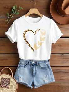 Women's Cotton T-Shirt With Round Neck And Graphic Print, Available In Black And White, Featuring Hearts, Butterflies, Leopard And Stars, Casual Wear, Loose Short-Sleeved T-Shirts For Spring,  Summer Basic T-Shirts, Gift Clothing For Women. - 白色 - 查看 3