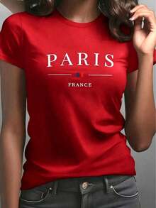 Ropa de verano para mujer |     Camiseta corta de mujer con cuello redondo, diseño casual y elegante - Rojo - Ver 4