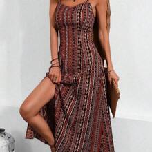 Vintage Style Women's Printed Spaghetti Strap Dress With High Side Slit Maxi Vacation Beach Outfit - Morado - Ver 4